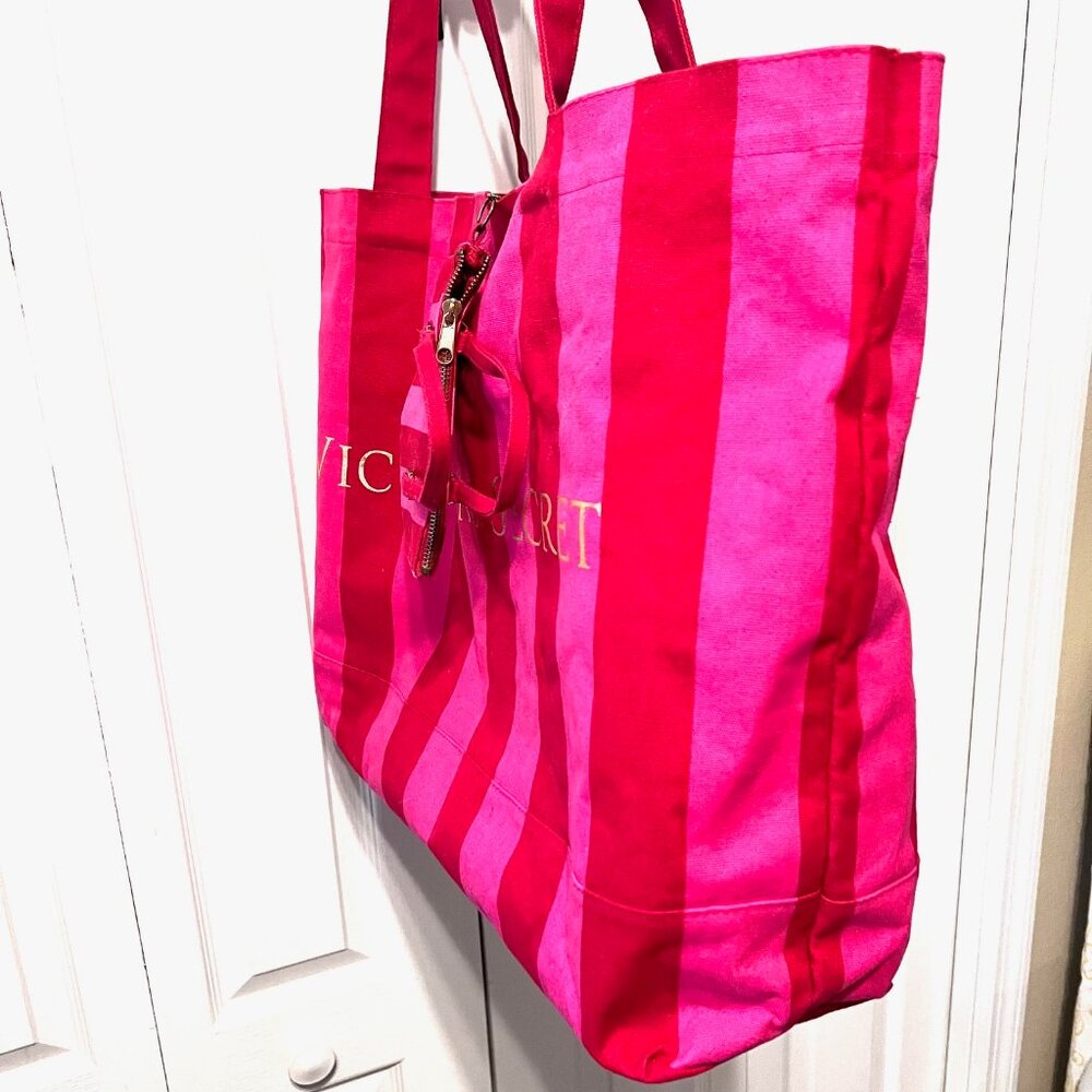 Victoria's Secret Iconic Pink/Red/Gold Striped Canvas Large Tote-Bonus Small One - Picture 8 of 16